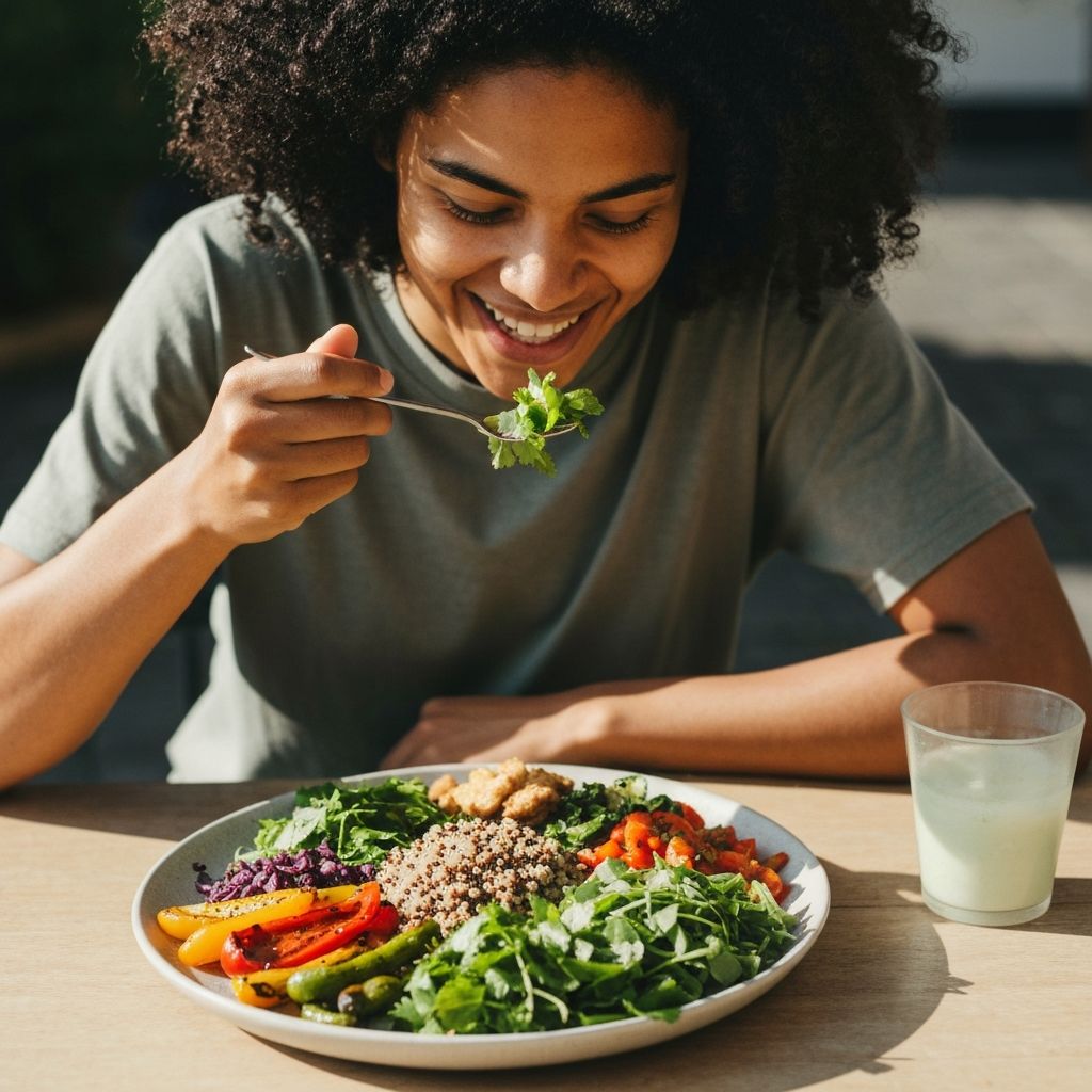 Person enjoying a balanced meal mindfully